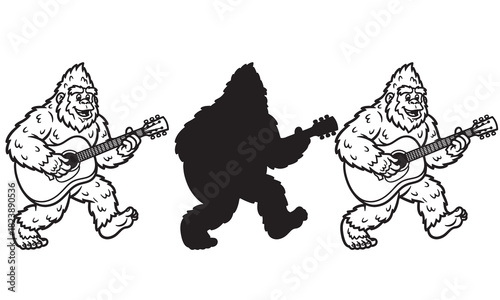 Three bigfoot silhouettes playing guitars one is a solid black shadow with an adobe illustrator logo indicating vector format