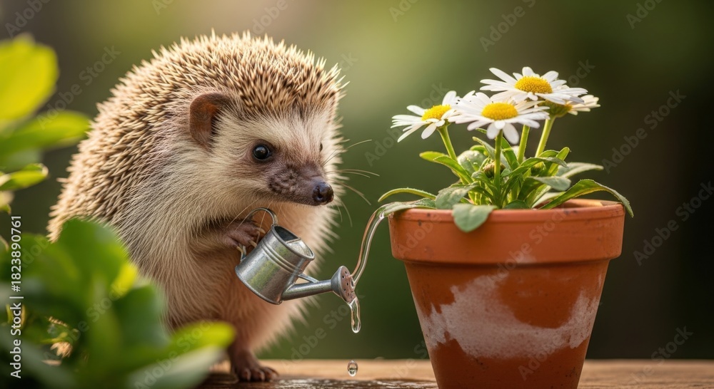 Fototapeta premium Delightful hedgehog pouring water on blooming daisy in clay pot, illustrating tender ecology