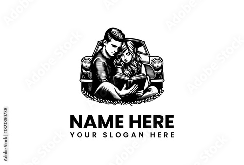 Couple Reading in Car Vector Logo Illustration for Automotive Enthusiasts