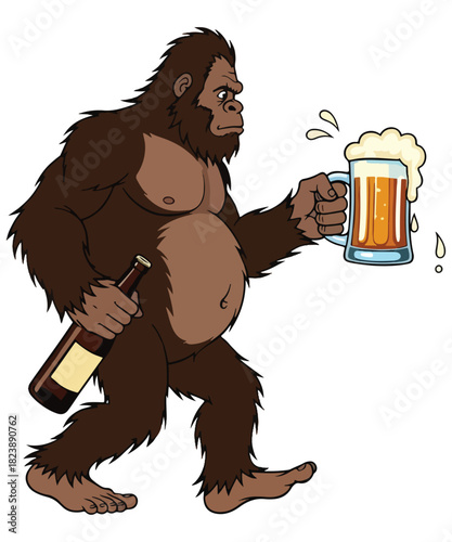Humorous illustration of a cartoon bigfoot character walking with a bottle of beer in one hand and a frothy mug of beer in the other