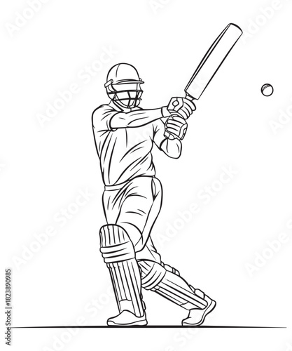 Dynamic sketch of a cricket batsman in action mid swing hitting a ball with intensity and focus showcasing the sport s athleticism and skill