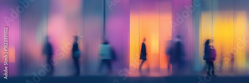 Blurry silhouettes of people walking in night-lit atrium, light trails, glowing panels