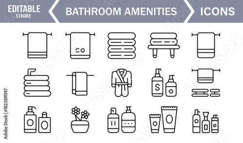 Minimal Line Icons of Bathroom Amenities Including Towels, Toiletries, Soap Dispensers, Bathrobes, and Hygiene Essentials