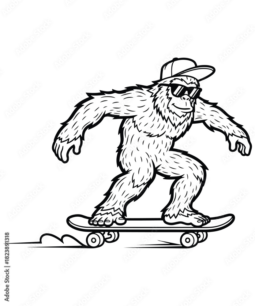 Fototapeta premium A whimsical cartoon illustration of a furry bigfoot character wearing sunglasses and a baseball cap confidently riding a skateboard with a trailing motion