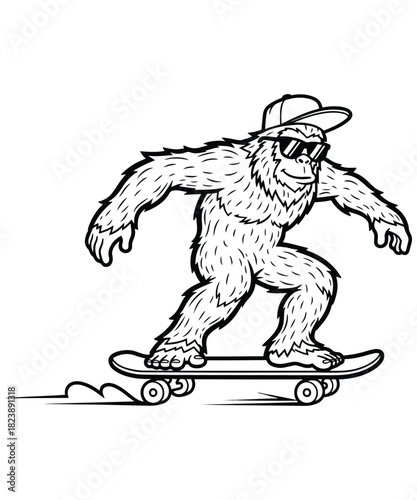 A whimsical cartoon illustration of a furry bigfoot character wearing sunglasses and a baseball cap confidently riding a skateboard with a trailing motion