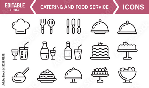 Vector Line Art Icons Depicting Food Serving Trays, Catering Dishes, Cutlery, Drinks, and Culinary Components