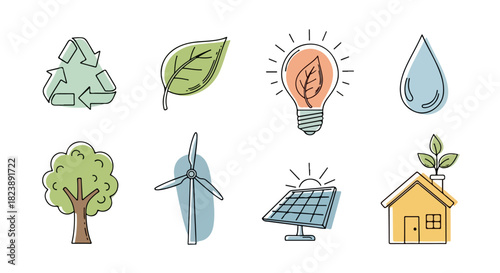 Hand-drawn collection of eco-friendly icons representing sustainability, renewable energy, and environmental conservation concepts