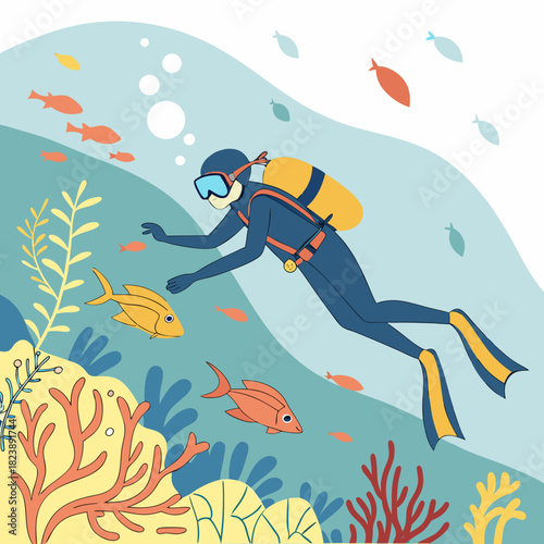 Colorful illustration of a scuba diver swimming among coral reefs and fish in the ocean diving underwater