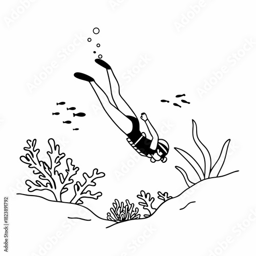 Diver descends into a coral reef with small fish swimming nearby in a line drawing scuba diver underwater
