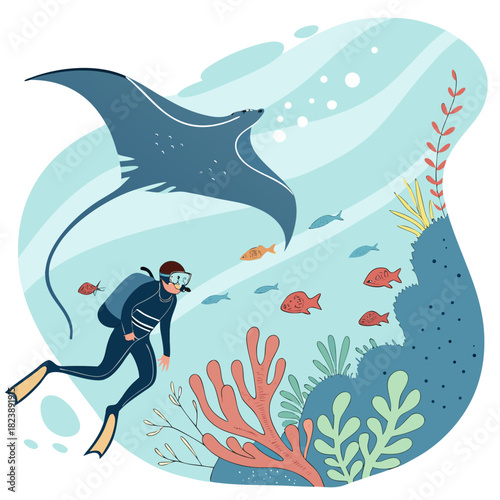 Diver exploring underwater coral reef with manta ray and fish scuba diver stingray