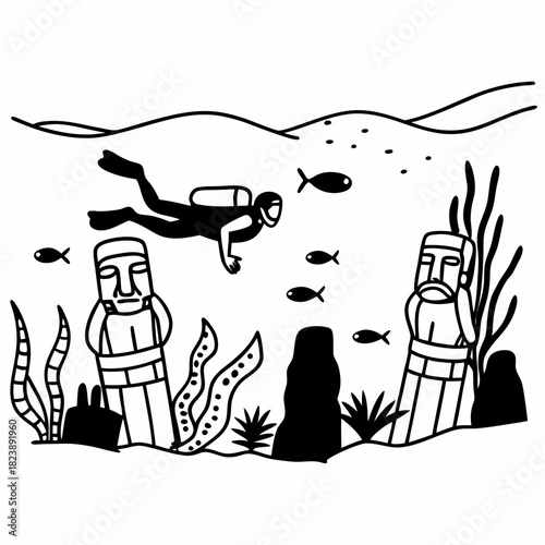 Diver exploring underwater statues and marine life with transparent background sculpture