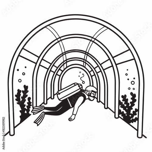 Diver inside underwater tunnel with coral and bubbles scuba diving aquarium