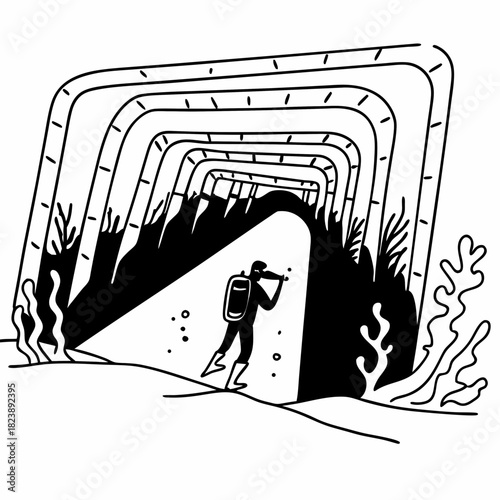 Diver with flashlight exploring dark underwater cave tunnel scuba diving