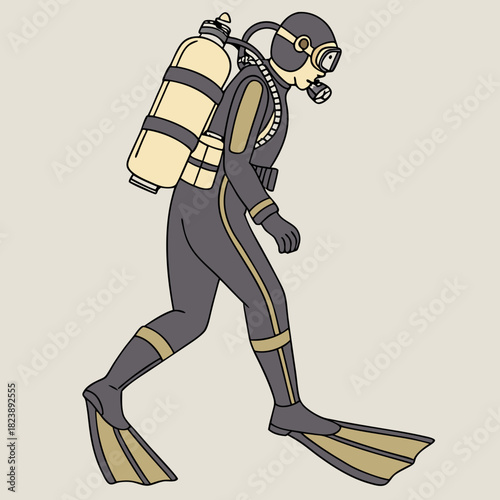 Full body illustration of a diver in a grey and gold wetsuit with a yellow oxygen tank and flippers scuba diver