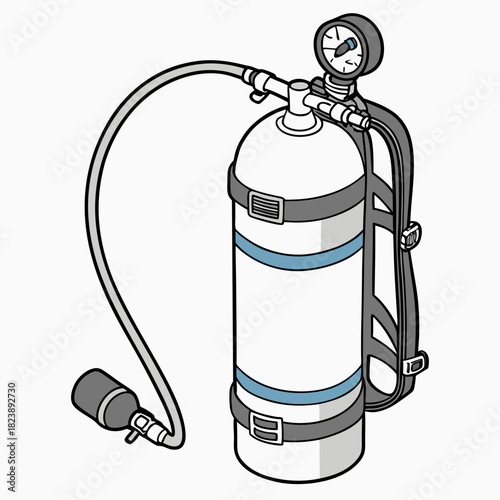 Isometric illustration of a scuba diving oxygen tank with pressure gauge and hose Keywords: scuba diving, oxygen tank, air cylinder, pressure gauge, regulator, hose, breathing apparatus