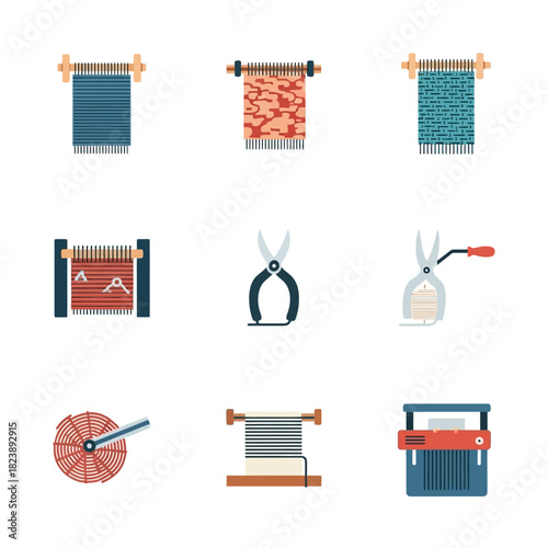 Collection of weaving tools and finished textile products in a flat design.