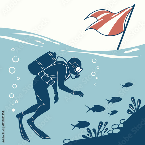 Scuba diver exploring underwater with fish and a flag Keywords: scuba diver, underwater, ocean, sea, fish, coral, flag, bubbles, water, exploration, adventure, marine life, aquatic, nature