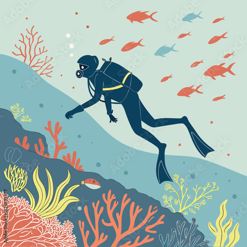 Scuba diver exploring colorful coral reef with schools of red and blue fish Keywords: scuba diver, underwater, ocean, sea, coral reef, marine life, fish, swimming, exploration, adventure, nature