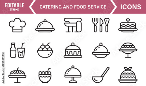 Editable Outline Icons Representing Food Service, Serving Trays, Drinks, Restaurant Items, and Kitchen Equipment