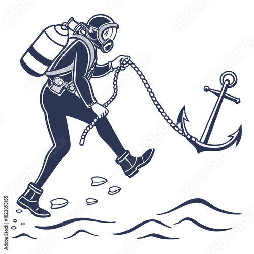 Scuba diver in full gear holding a chain attached to an anchor on the seabed underwater ocean