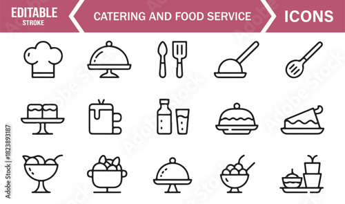 Minimal Line Icons for Catering, Buffet Service, Drinks, Tableware, Chef Tools, and Culinary Hospitality Elements