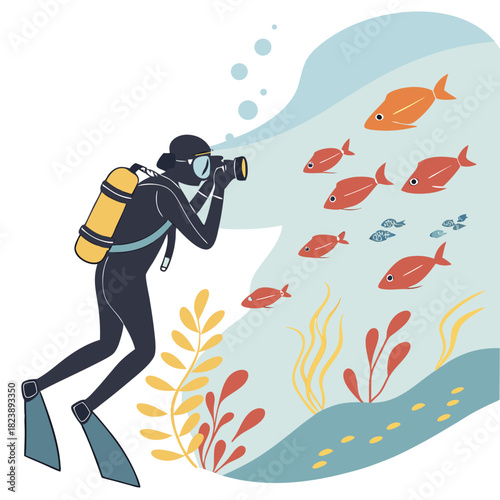 Scuba Diver Photographing a School of Orange and Blue Fish Underwater with Coral and Aquatic Plants Keywords: scuba diver, diving, underwater, ocean, sea, photography, camera, fish, school of fish