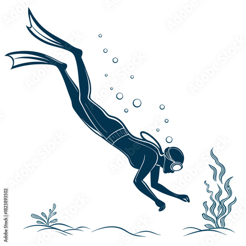 Scuba Diver Silhouette Exploring Underwater with Seaweed Keywords: scuba diver, silhouette, underwater, exploring, seaweed, marine life, ocean, sea, diving, swimming, bubbles, fins, mask, goggles