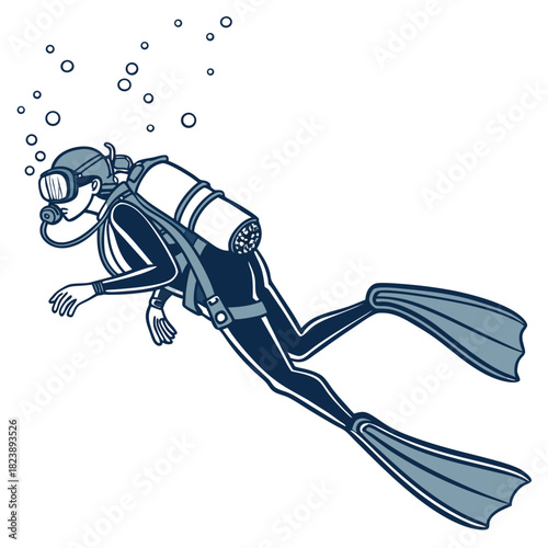 Scuba Diver Swimming Underwater with Bubbles Keywords: scuba diving, diver, underwater, swimming, bubbles, diving equipment, mask, snorkel, wetsuit, fins, oxygen tank, recreation, sport, activity