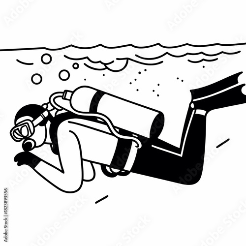 Scuba diver swimming underwater with bubbles and waves diving ocean