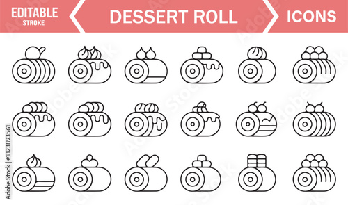 Food-Themed Outline Icon Set Featuring Rolled Desserts, Sweet Confections, Pastry Snacks, and Bakery Items