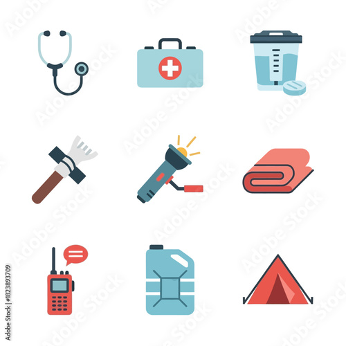 Emergency preparedness and survival kit equipment icon set.