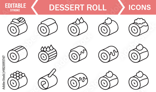 Monoline Dessert Icons Including Rolled Cakes, Pastry Treats, Swirl Snacks, and Minimal Bakery Graphics