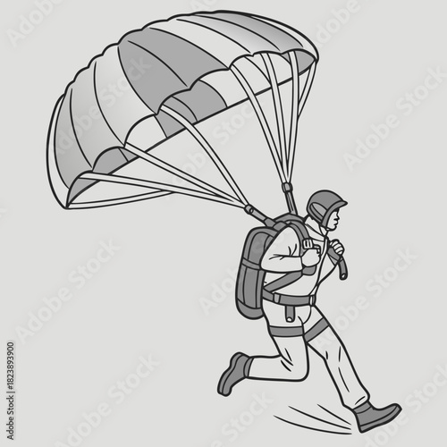 Skydiver in a helmet and jumpsuit with a deployed parachute running mid-air skydiving paraglider