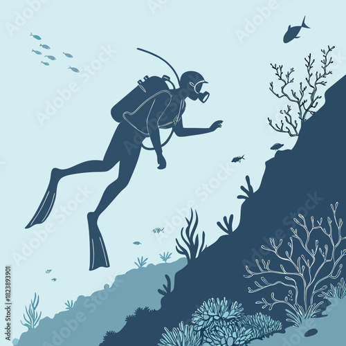 Silhouette of a Scuba Diver Exploring an Underwater Coral Reef with Fish and Marine Life Keywords: scuba diver, diving, underwater, ocean, sea, marine life, fish, coral reef, coral, silhouette