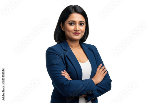 Confident woman in business suit arms crossed isolated on transparent background