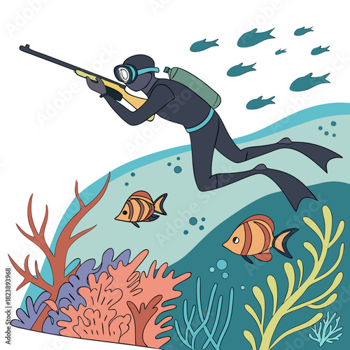 Spearfishing diver with a speargun swimming near colorful coral and fish Keywords: spearfishing, diver, speargun, underwater, ocean, sea, coral, reef, fish, swimming, aquatic, marine life