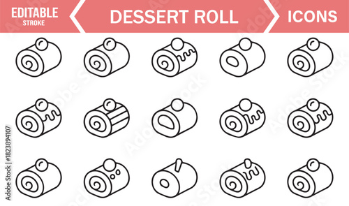 Bakery Dessert Roll Icon Collection with Cream-Filled Cakes, Frosted Pastries, and Minimal Linear Illustrations