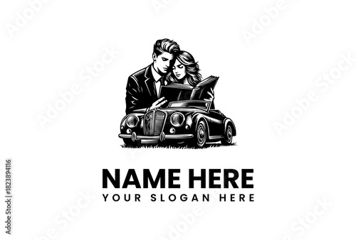 Retro Couple Reading A Book In A Vintage Car vector logo illustration