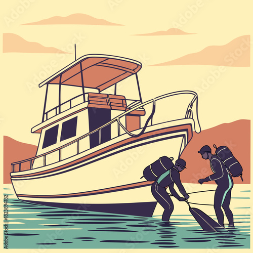 Two Divers Preparing Equipment Next to a Boat on the Water ocean