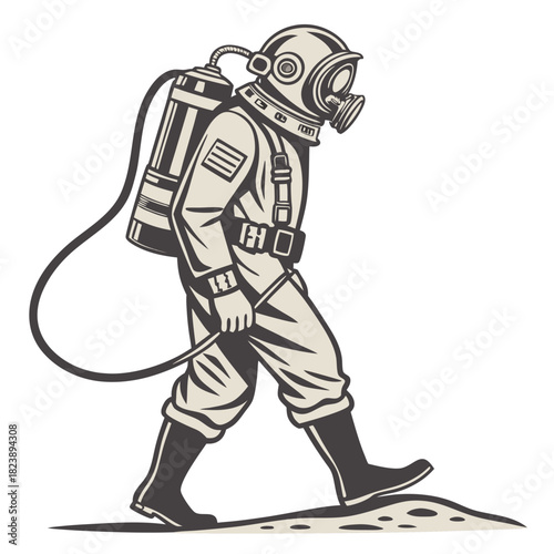 Vintage Diver Walking With Air Tank and Helmet on White Background diving suit