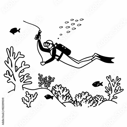 Black and white cartoon diver exploring coral reef with fish Keywords: diver, scuba diving, underwater, ocean, sea, coral, reef, fish, marine life, exploration, adventure, hobby, illustration