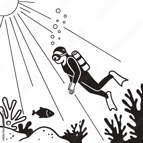 Black and white diver swimming towards sun rays underwater with fish and coral sunlight