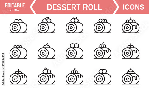 Editable Outline Icons of Sweet Rolled Cakes, Pastry Treats, Iced Desserts, and Bakery Confectionery Symbols
