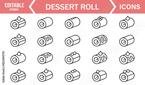 Linear Dessert Roll Icon Set Showing Cake Rolls, Cream-Filled Snacks, Pastry Swirls, and Bakery Illustrations