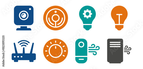 Smart home technology icons security camera router light bulb control panel