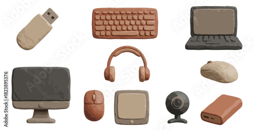 Clay computer devices isolated on black background