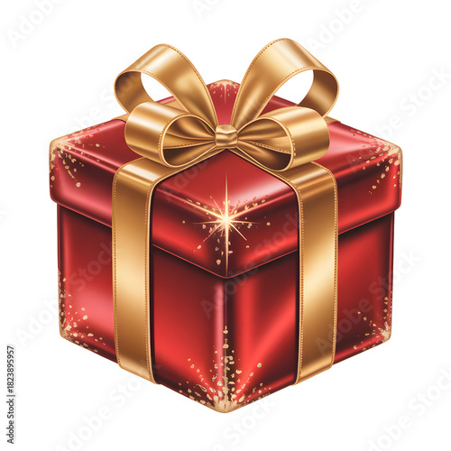Red gift box with gold ribbon present for christmas birthday celebration holiday gift giving occasion on transparent background