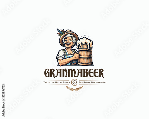 vintage classic oldwoman wearing hat holding a big beer glass logo template