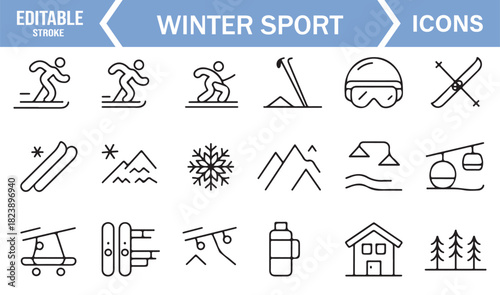 Monoline Winter Activity Icons Including Skiers, Snowboarders, Mountains, Lift Systems, and Snow Equipment
