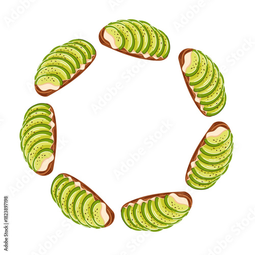 Wreath with avocado toast from dark rye bread with slices of avocado, cottage cheese and pepper in flat style. Healthy breakfast card for menu and restaurant design isolated on white background.